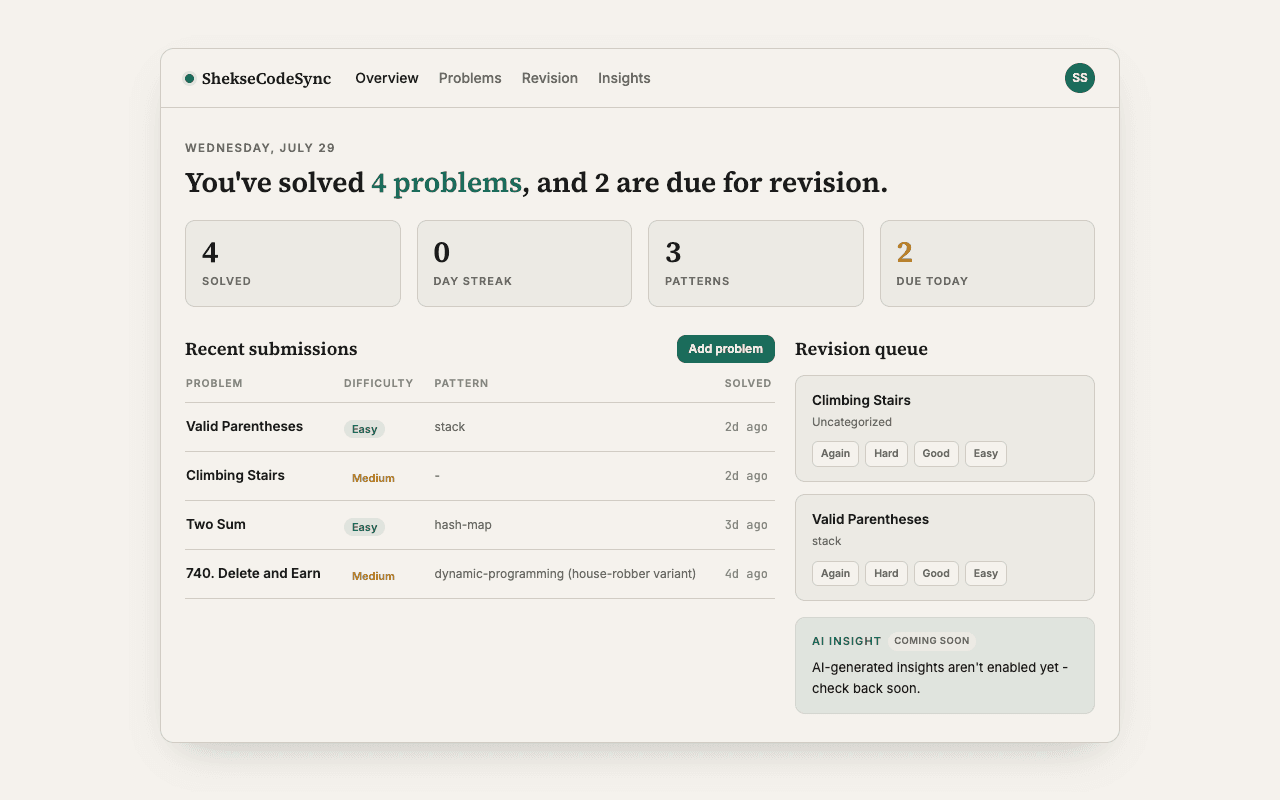 Overview dashboard showing solved count, streak, and recent submissions