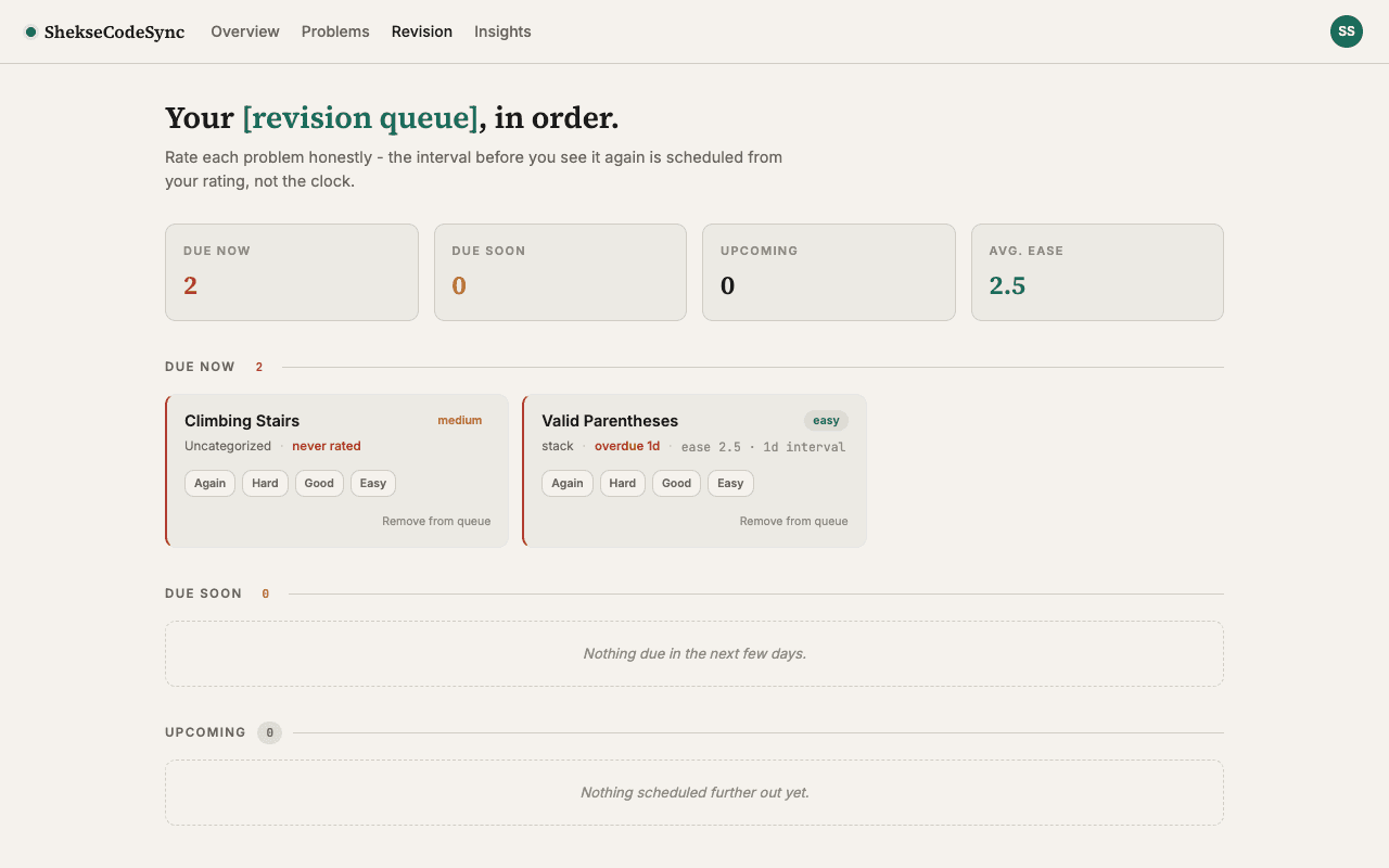 Revision queue showing problems due for spaced-repetition review